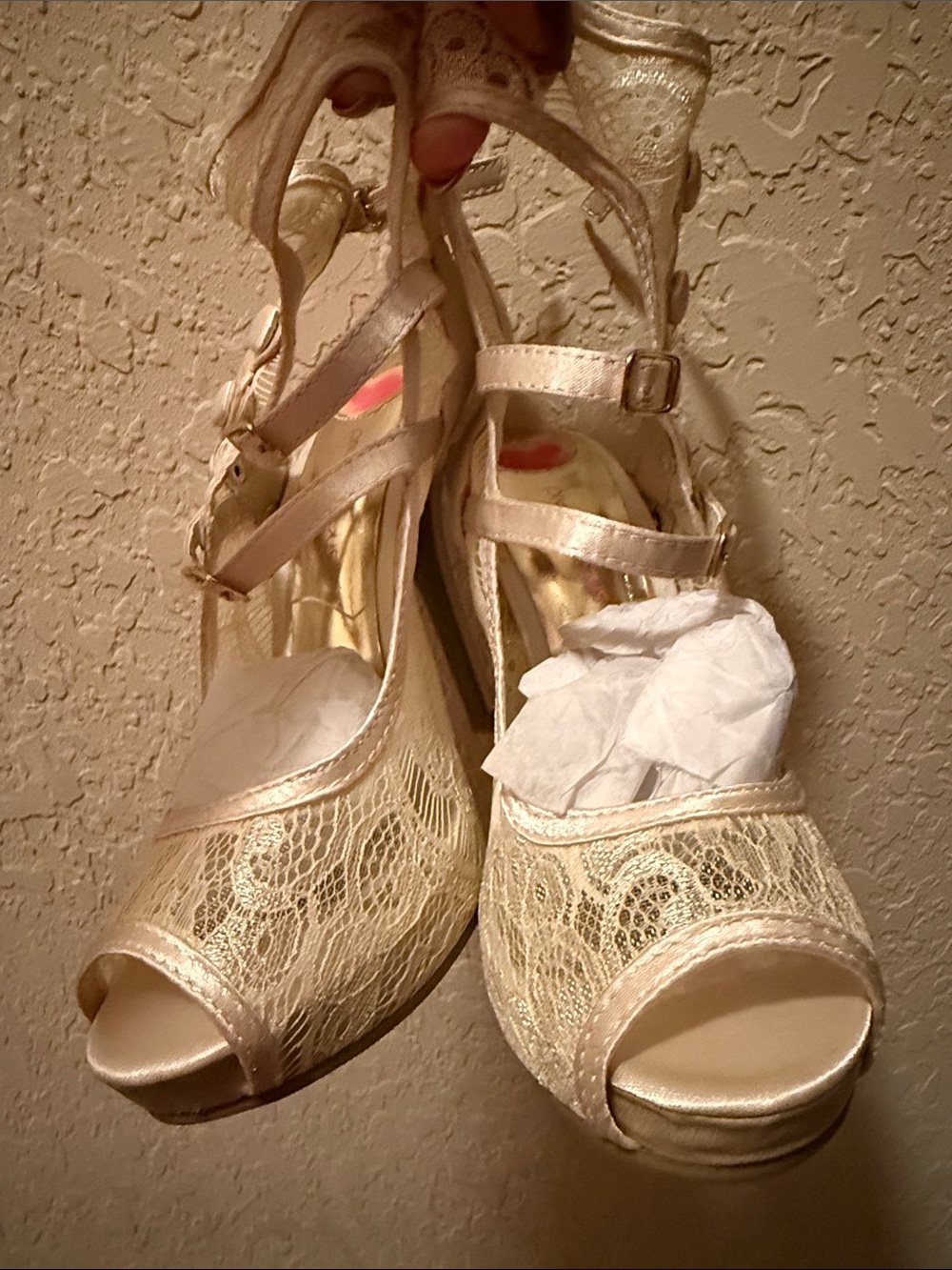 Women's Lace Peep-Toe Platform Heels in Ivory with Ankle Strap- Size 5.5